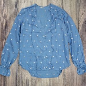 St. Roche Silk Blue V-Neck Long Sleeve Blouse
